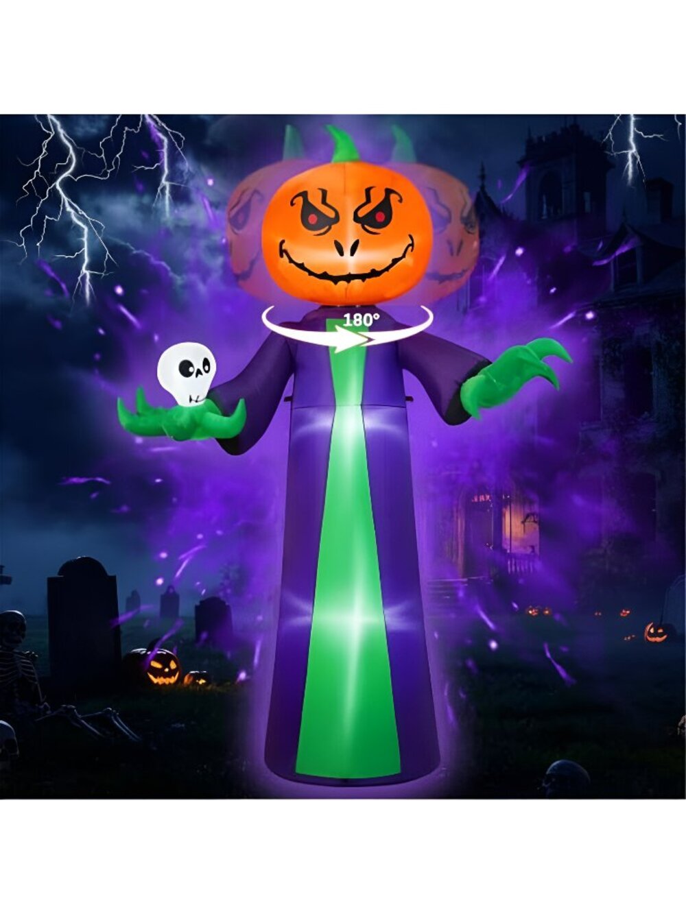Halloween Inflatables 8FT Giant Pumpkin Monster with 180° Rotating Head & LED